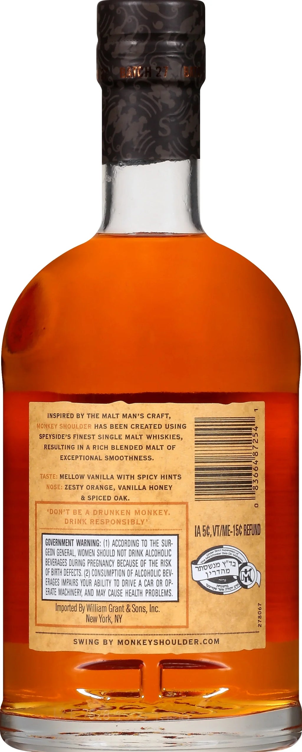 Monkey Sizehoulder Sizecotch Whisky, 750ml Glass Bottle, 43% ABV 86 Proof