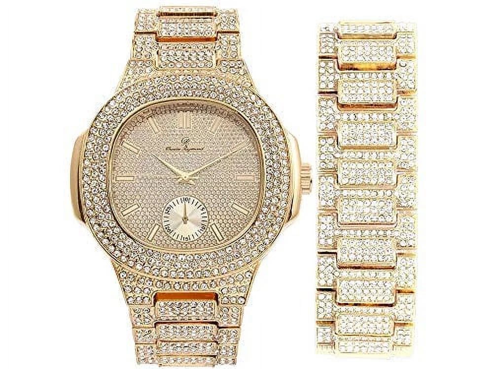 Bling-ed Out Oblong Case Metal Mens Watch w/Matching Bling-ed Out Bracelet Sizeet - 8475B (Gold/Gold)