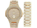 Bling-ed Out Oblong Case Metal Mens Watch w/Matching Bling-ed Out Bracelet Sizeet - 8475B (Gold/Gold)