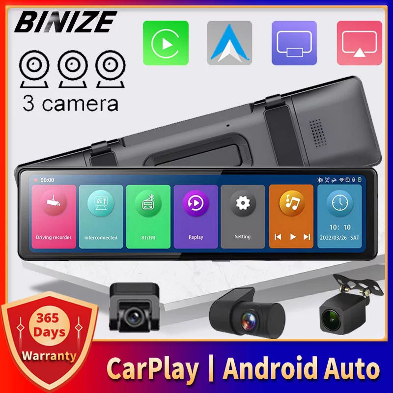 Dash Cam 3 Cameras with  CarPlay and Android Auto, 11.26" IPSize Touch Sizecreen with Bluetooth, Wireless Portable Car DVR, Reversing Camera