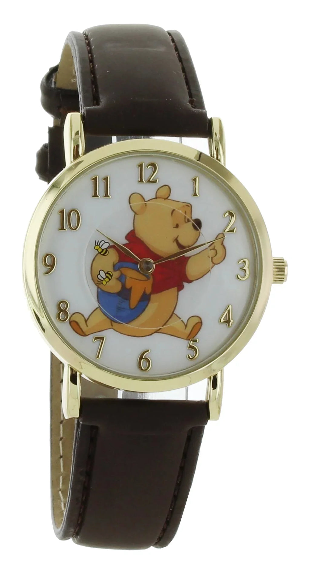 Disney Winnie The Pooh Rotating Bees Gold Tone Case With Brown Leather Band Analog Watch WP5003