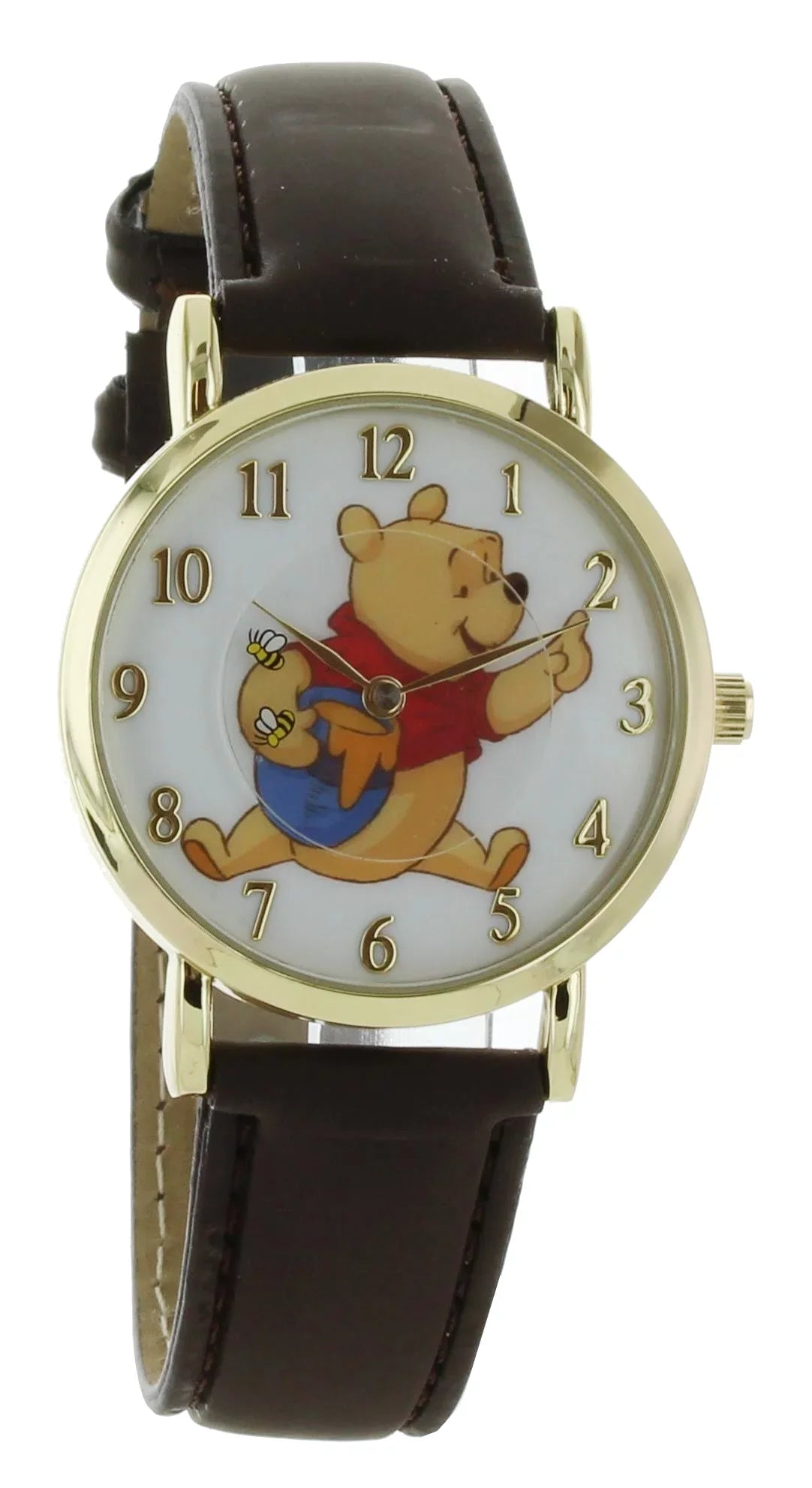 Disney Winnie The Pooh Rotating Bees Gold Tone Case With Brown Leather Band Analog Watch WP5003