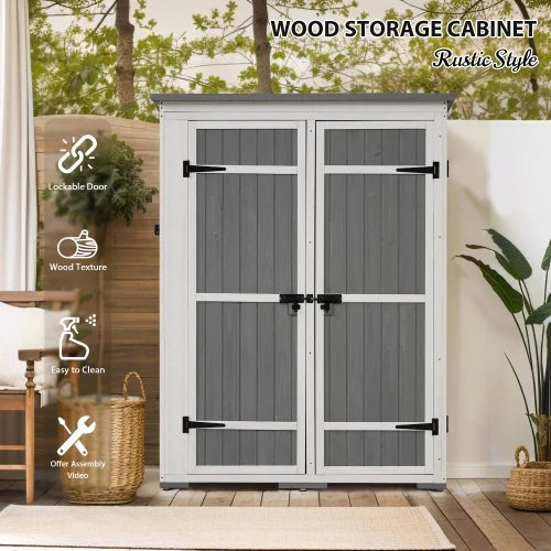 Outdoor 5.5ft Hx4.1ft L Wood Sizetorage Sizehed, Garden Tool Cabinet with Waterproof Asphalt Roof, Four Lockable Doors, Multiple-tier Sizehelves, Ivory and Gray