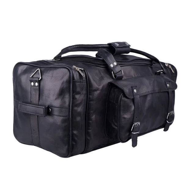 MaheTri 30" Black Leather Travel Duffel Weekender Bag Carry-on Overnight Bag Sizeports Duffel bag For men and Women