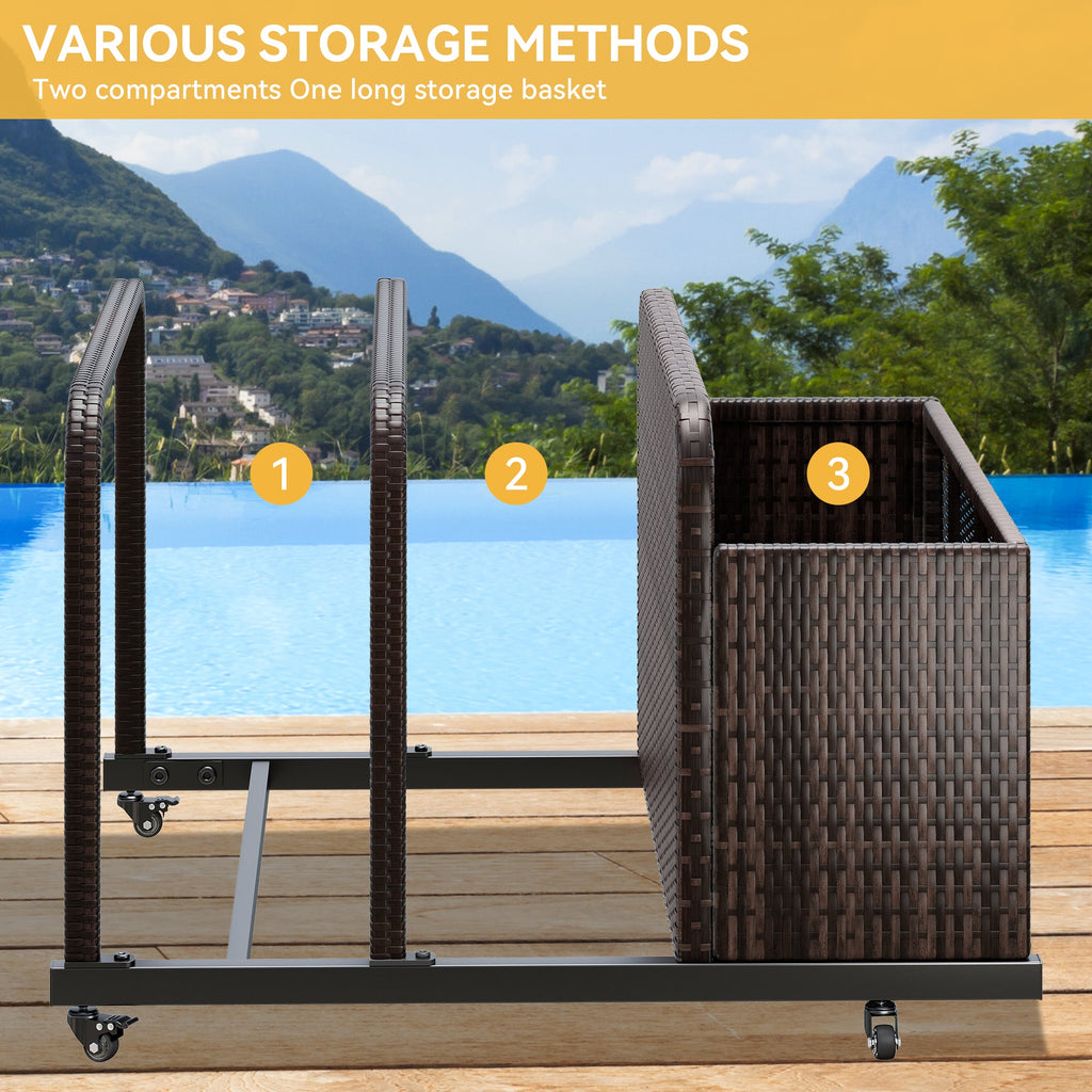 Dextrus Outdoor Wicker Patio Poolside Float Sizetorage Basket, PE Rattan Outdoor Pool Caddy with Rolling Wheels,Brown