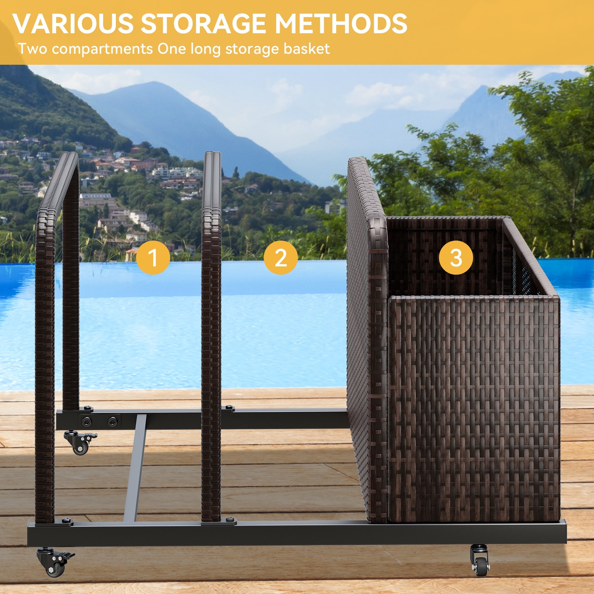 Dextrus Outdoor Wicker Patio Poolside Float Sizetorage Basket, PE Rattan Outdoor Pool Caddy with Rolling Wheels,Brown