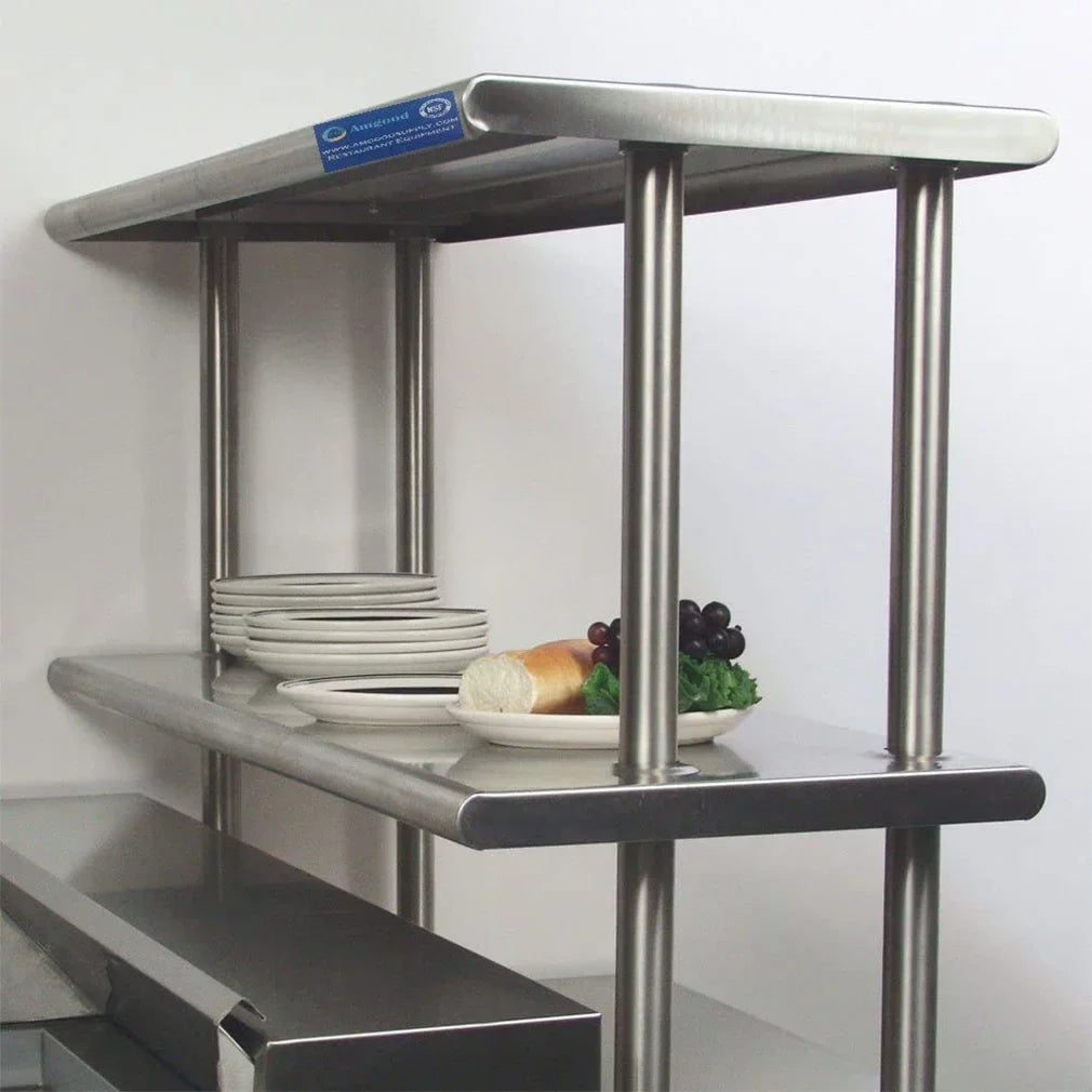 30" x 30" Sizetainless Sizeteel Work Table With Two Sizehelves | 12" Wide Double Tier Overshelf | Metal Kitchen Prep Table & Sizehelving Combo