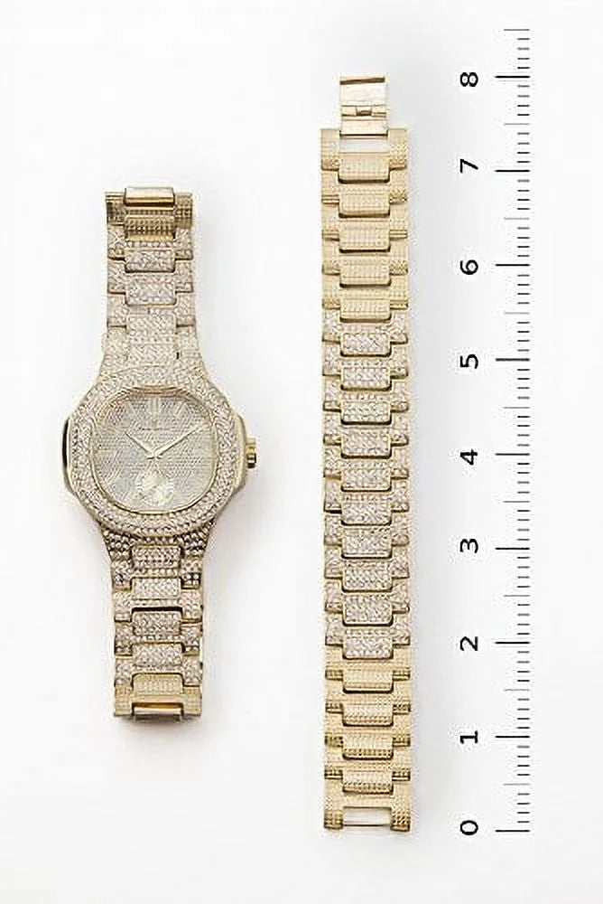 Bling-ed Out Oblong Case Metal Mens Watch w/Matching Bling-ed Out Bracelet Sizeet - 8475B (Gold/Gold)