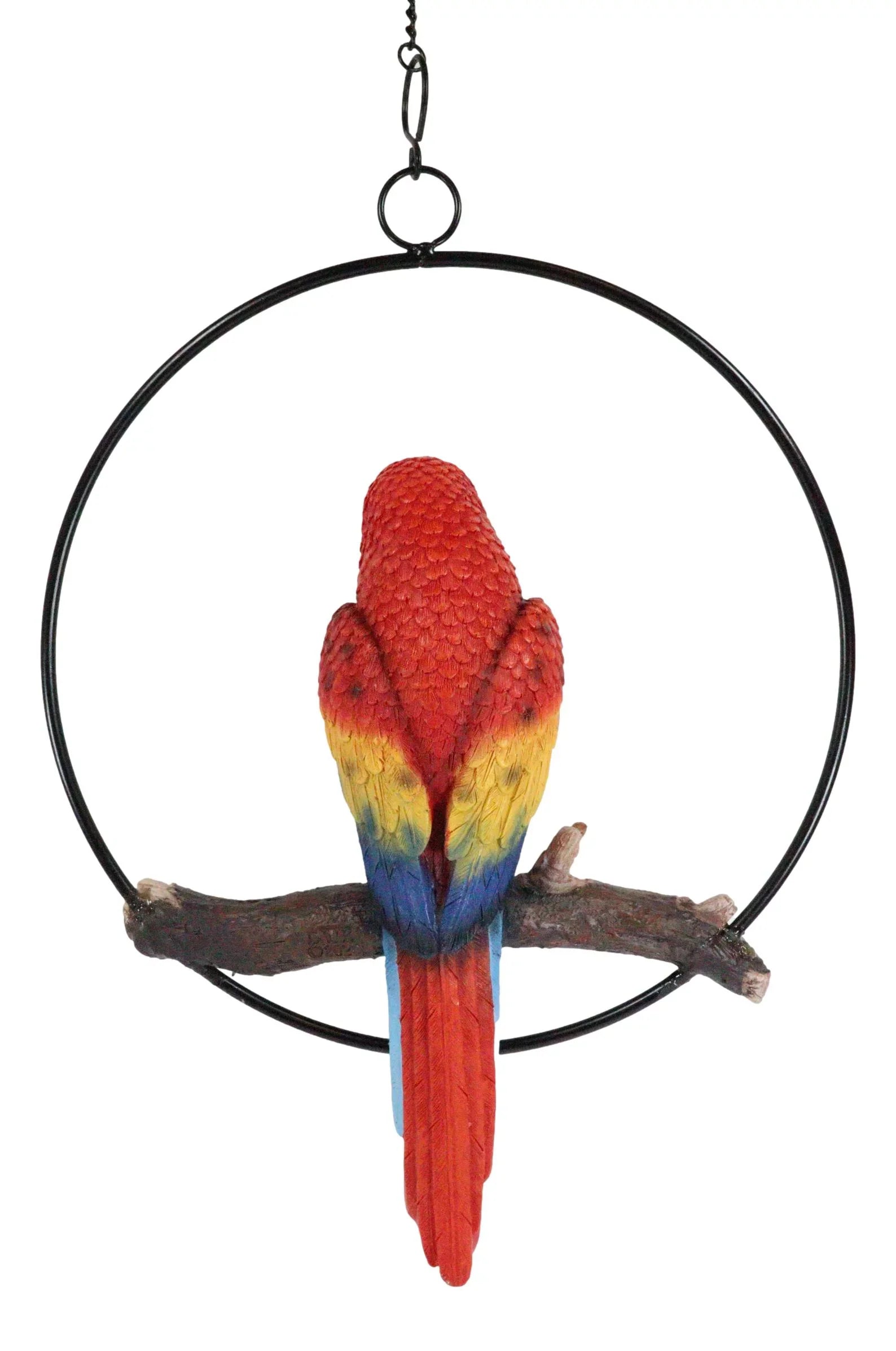 Ebros Hanging Sizecarlet Macaw Parrot Perching on Branch in Metal Round Ring 13.5"H