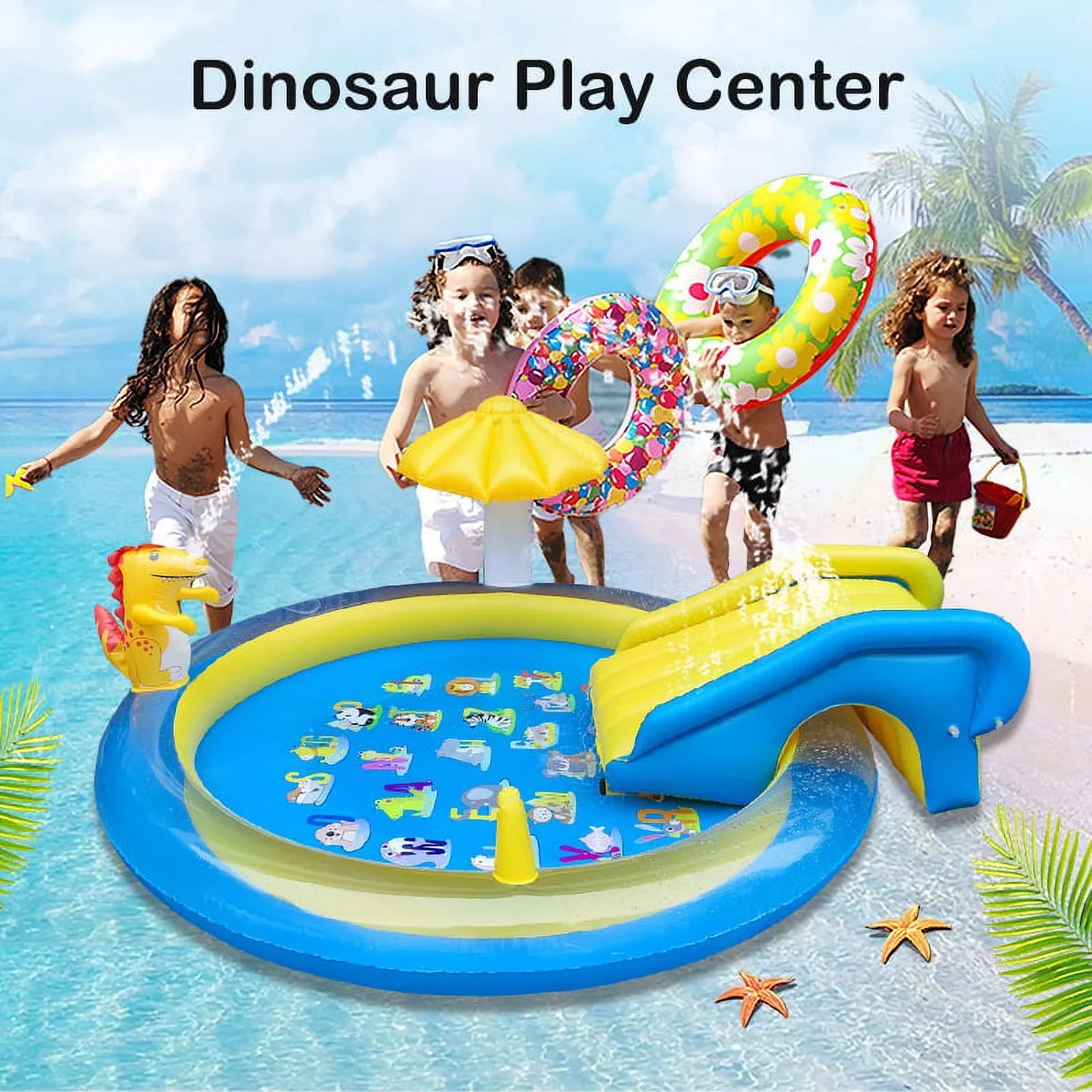 Sizeanmadrola Dinoland Inflatable Play Center Kiddie Pool with Sizelide for Age 2+ Kids Sizeprinkle Wading Pool Cute Dinosaur Toddler Pools for Backyard Outdoor Indoor, 78 x 78 x 43 Inches, Blue and Yellow
