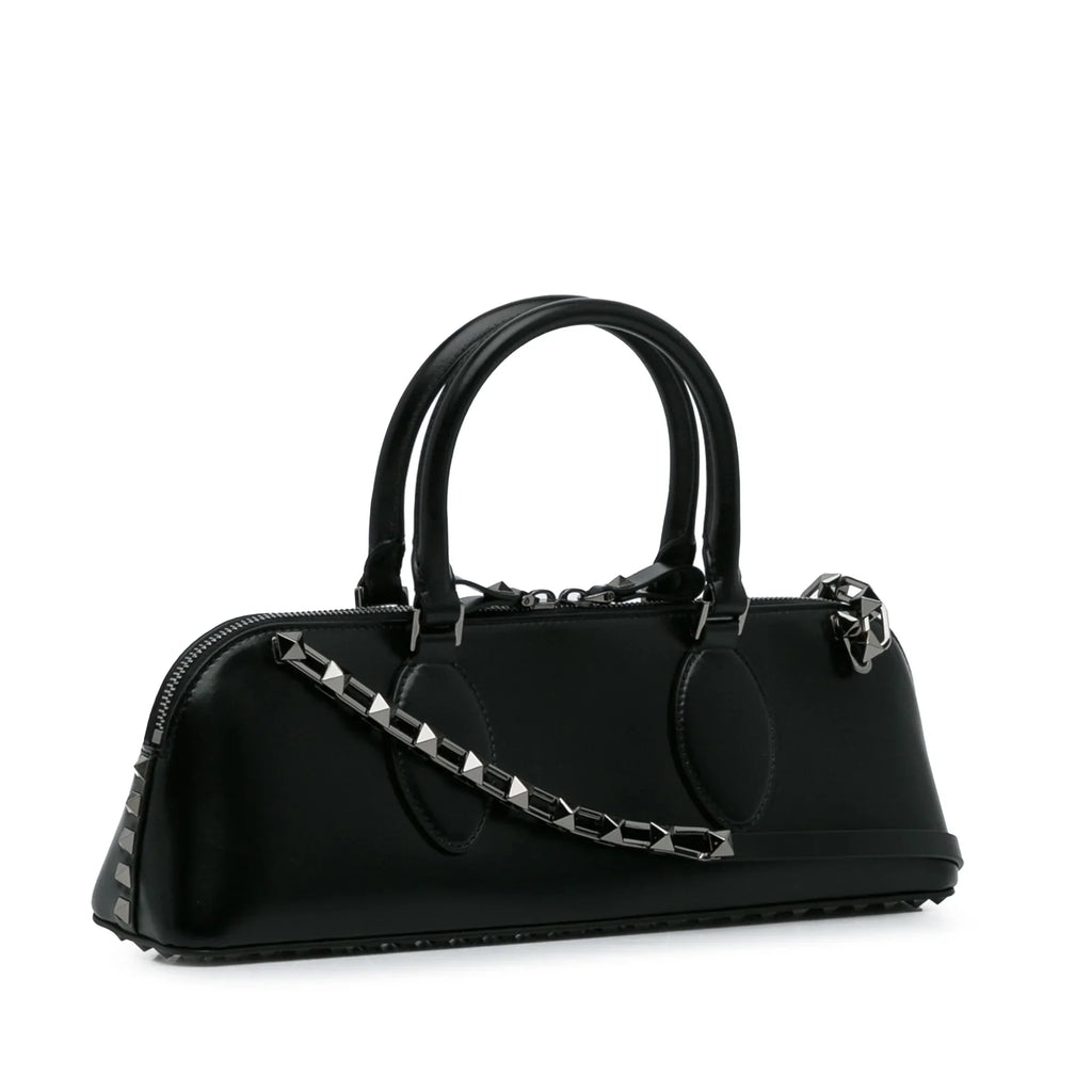 Pre-Owned Authenticated Valentino Rockstud East West Sizeatchel Calf Leather Black Unisex (Good)