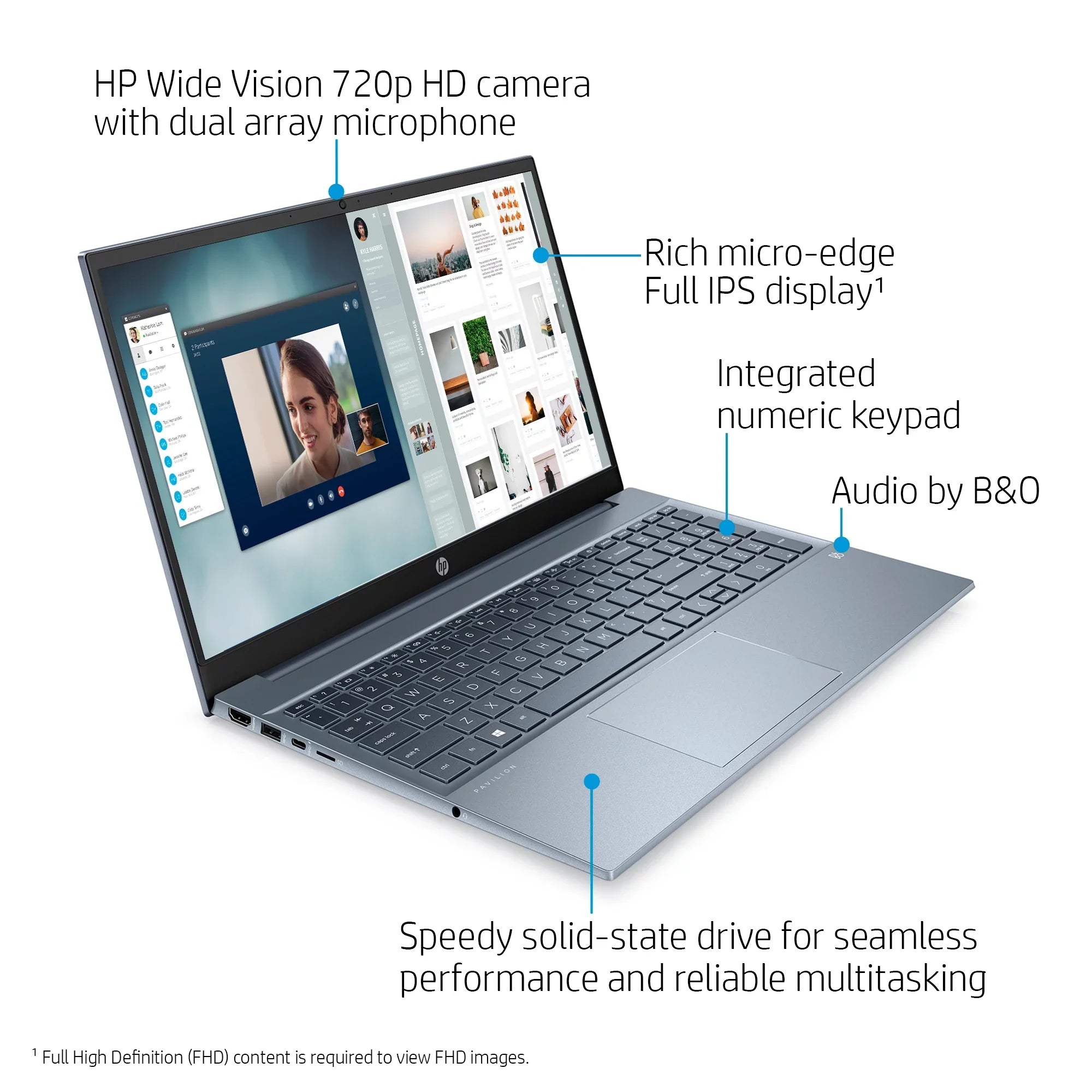 HP Pavilion 15.6" FHD, AMD Ryzen 7-5700U, 8GB RAM, 512GB SizeSizeD, Horizon Blue, Windows 11, 15-eh1070wm