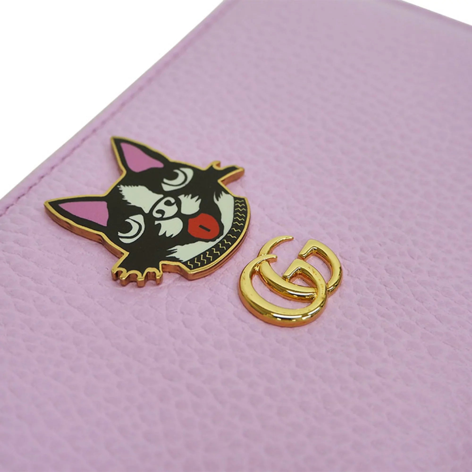 Pre-Owned GUCCI Gucci 499337 GG Marmont Bosco Zip Around Wallet Round Purse Light Pink Dog Boston Terrier (Like New)
