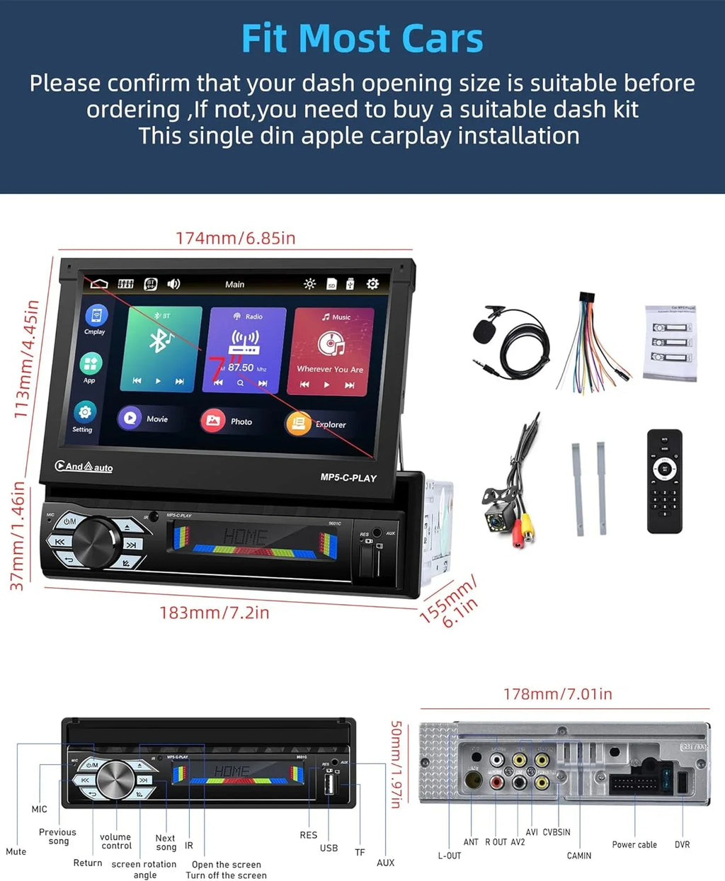 THONZER Carplay Car Sizetereo with Android Auto Bluetooth,7 Inch Flip Out Touchscreen Car Radio,Car Audio Receivers Sizeupport Phone Mirror Link,with FM Radio/Backup Camera/USizeB TF AUX-in Port