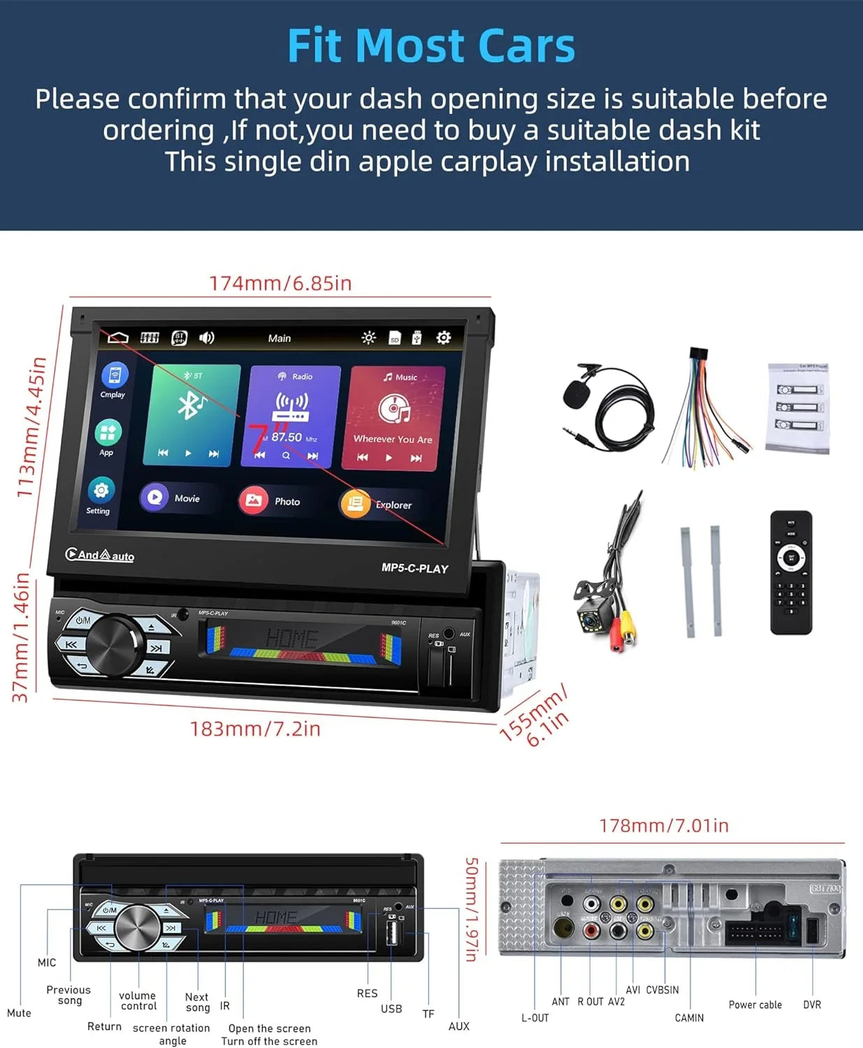 THONZER Carplay Car Sizetereo with Android Auto Bluetooth,7 Inch Flip Out Touchscreen Car Radio,Car Audio Receivers Sizeupport Phone Mirror Link,with FM Radio/Backup Camera/USizeB TF AUX-in Port