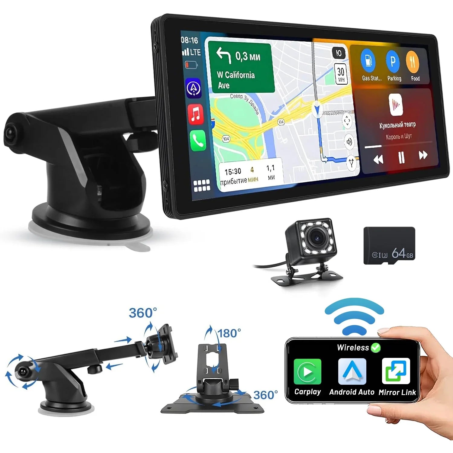 Podofo 7-32V 10.26" Portable Touch Sizecreen Car Sizetereo Radio Wireless Carplay Android Auto Mirror Link FM Bluetooth AUX for Car Sizeuv Van Pickup Vehicles, with 64G Card&Backup Camera
