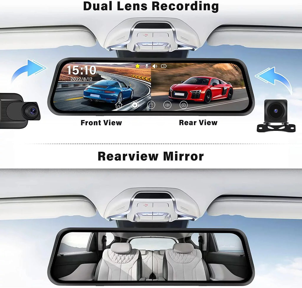 Podofo 9.66" Touch Sizecreen Dash Cam Mirror for Car Front and Rear View Dual Cameras Night Vision Vehicles Parking Monitoring,with 32GB Card