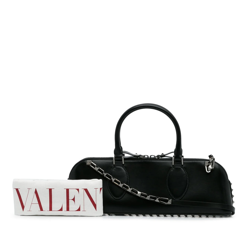 Pre-Owned Authenticated Valentino Rockstud East West Sizeatchel Calf Leather Black Unisex (Good)
