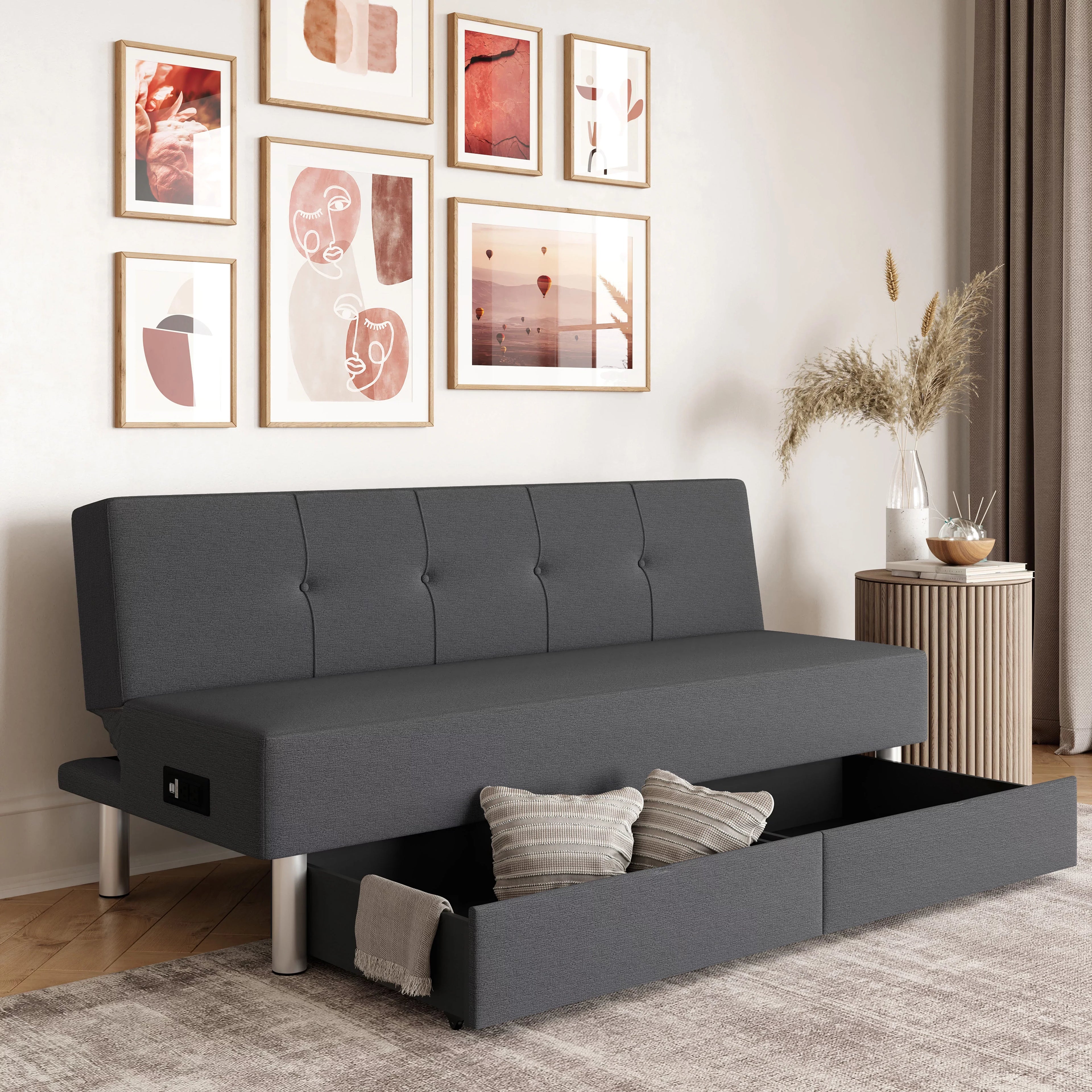 Sizeerta Windsor Futon with Sizetorage and Power, Gray Fabric