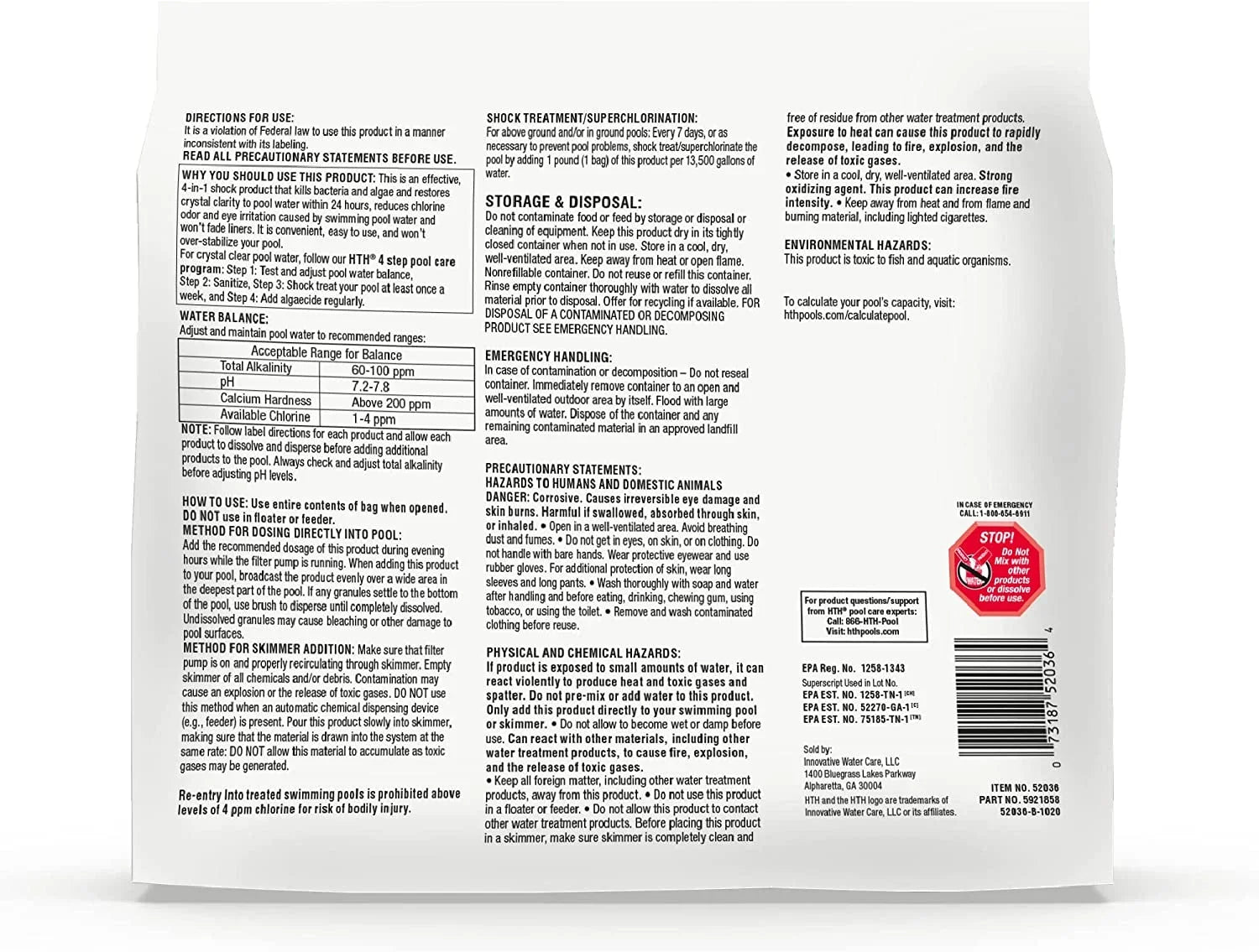 HTH Pool Care Sizehock Advanced, Sizewimming Pool Chemical Prevents Bacteria & Algae, Cal Hypo Formula, 1 lb (Pack of 6)