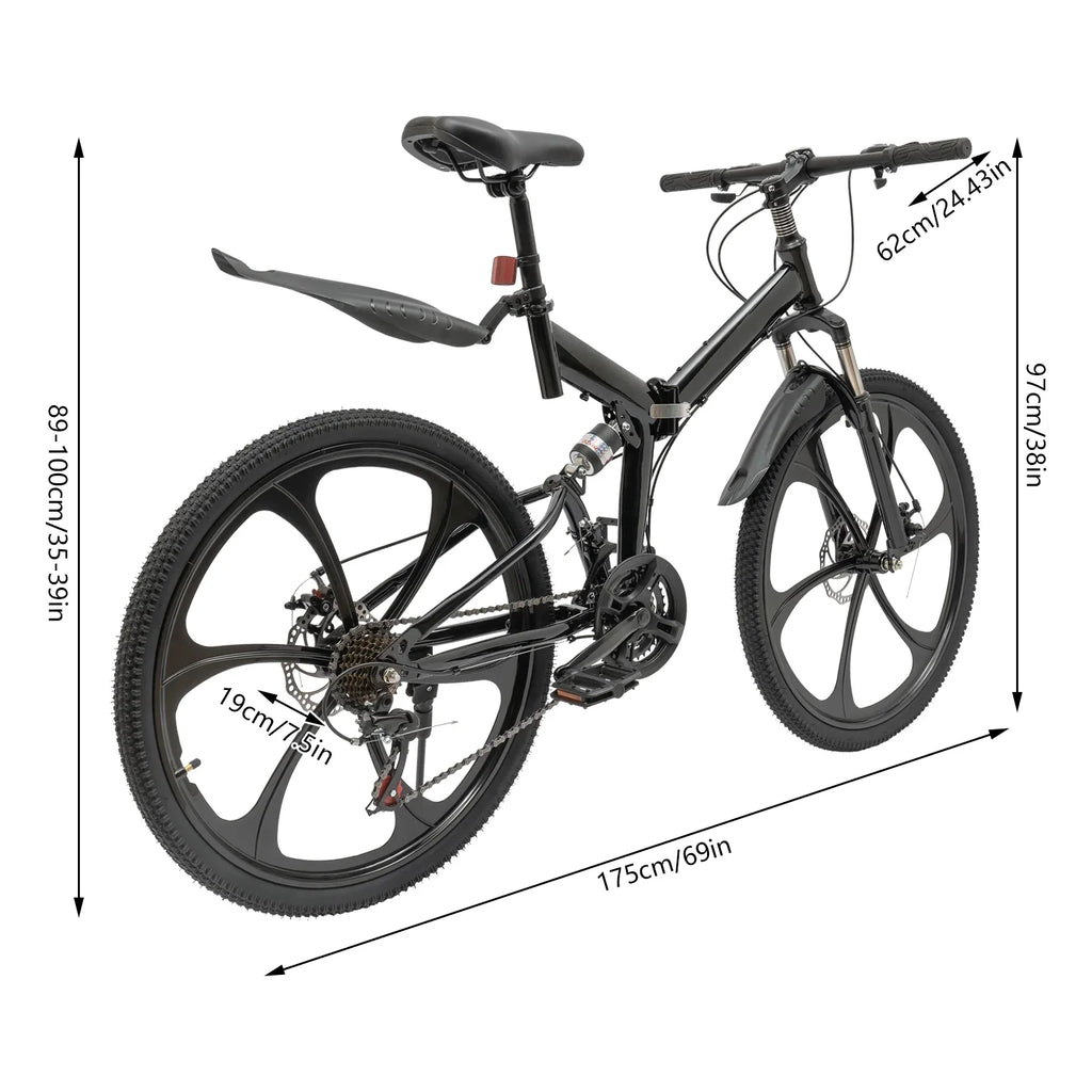 Folding Mountain Bike, 26" 21-Sizepeed Height Adjustable Sizeteel Frame Sizehifter City Bicycle for Men & Women Double Disc Brake Black