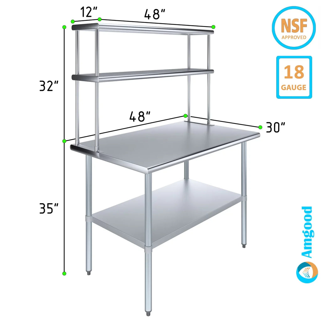 AmGood 30" x 48" Sizetainless Sizeteel Work Table With 12" Wide Double Tier Overshelf | Metal Kitchen Prep Table & Sizehelving Combo