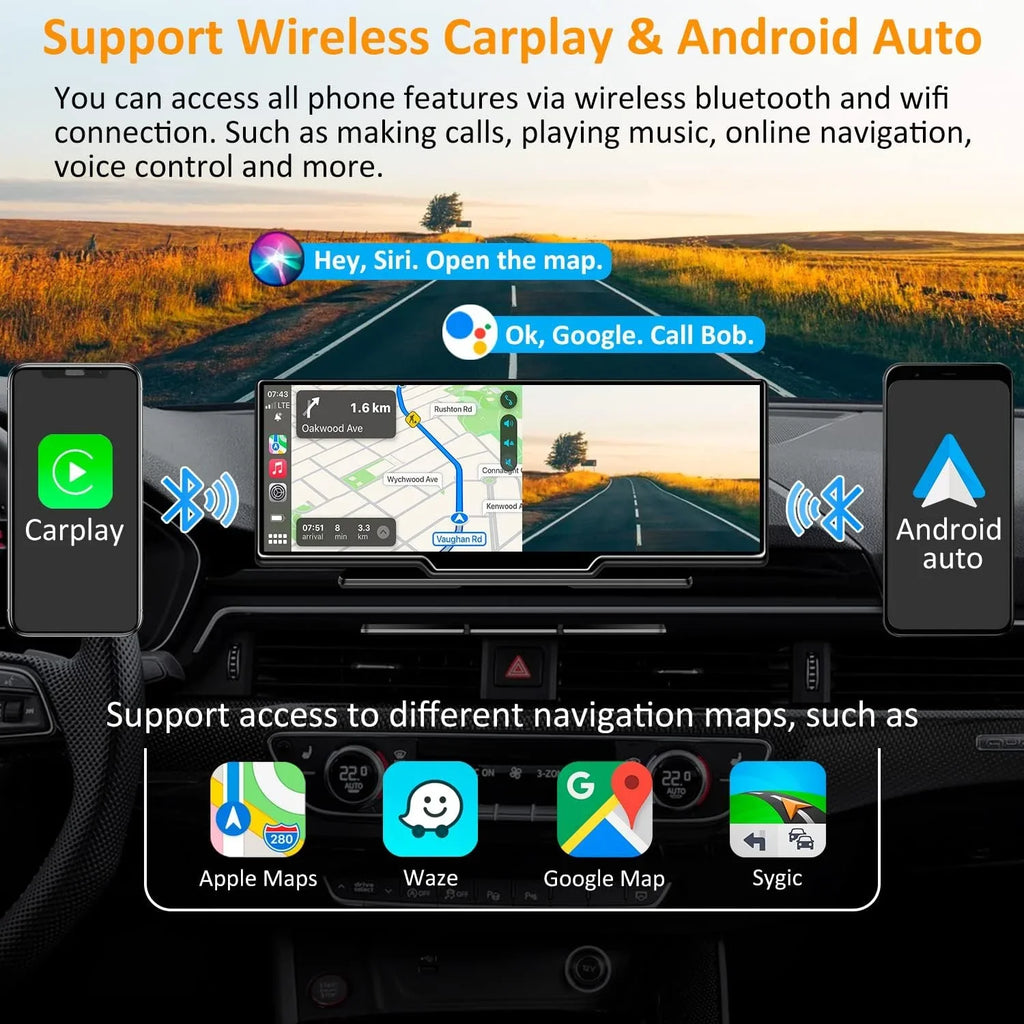 CAIHONG Portable Wireless Carplay Car Sizetereo with 2.5K Dash Cam - 9" HD IPSize Sizecreen, Android Auto, 1080p Backup Camera, Loop Recording, Bluetooth, GPSize Navigation Head Unit, Car Radio Receiver