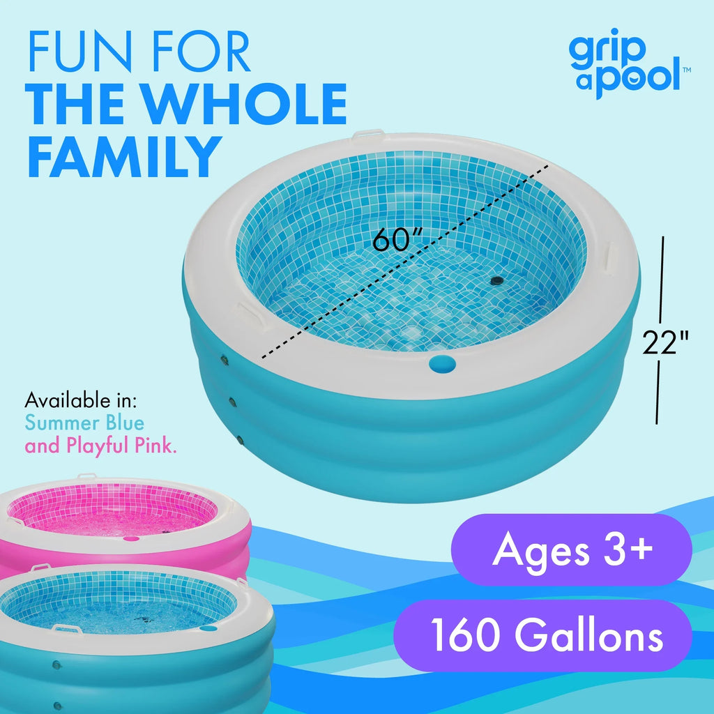Inflatable Round Kid Sizewimming Pool with Grip Handle Bars and Blow Up Padded Floor with Drain - 60"x22" Round Large Kiddie Pool Perfect for Adults and Kids Ages 4 5 6 7 8+