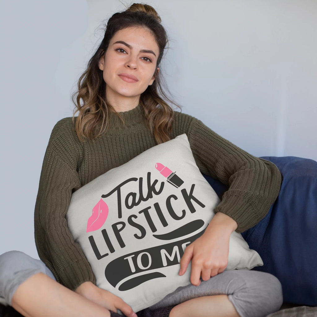 Talk Lipstick to Me w/ Pink Lips Design - Beauty Themed Merch for Makeup Artist or Cosmetologist, Gift for Makeup Lovers, Pillow Cover, Ivory 18X18 IN
