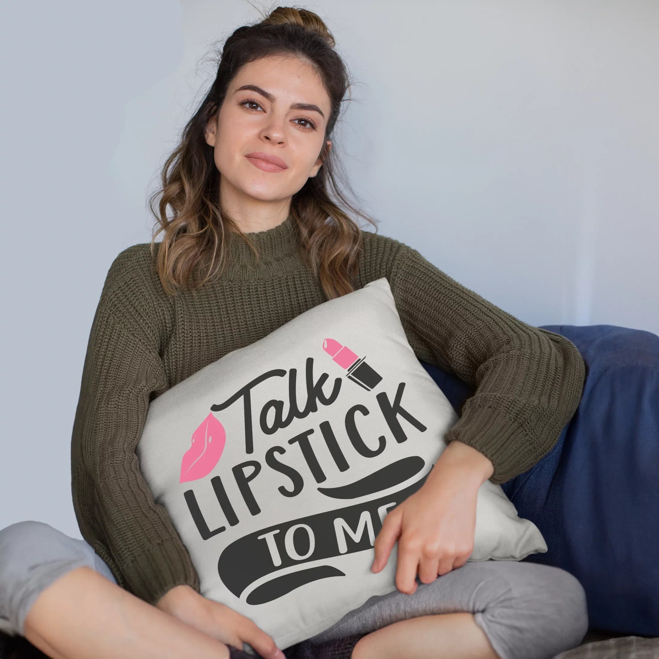 Talk Lipstick to Me w/ Pink Lips Design - Beauty Themed Merch for Makeup Artist or Cosmetologist, Gift for Makeup Lovers, Pillow Cover, Ivory 18X18 IN
