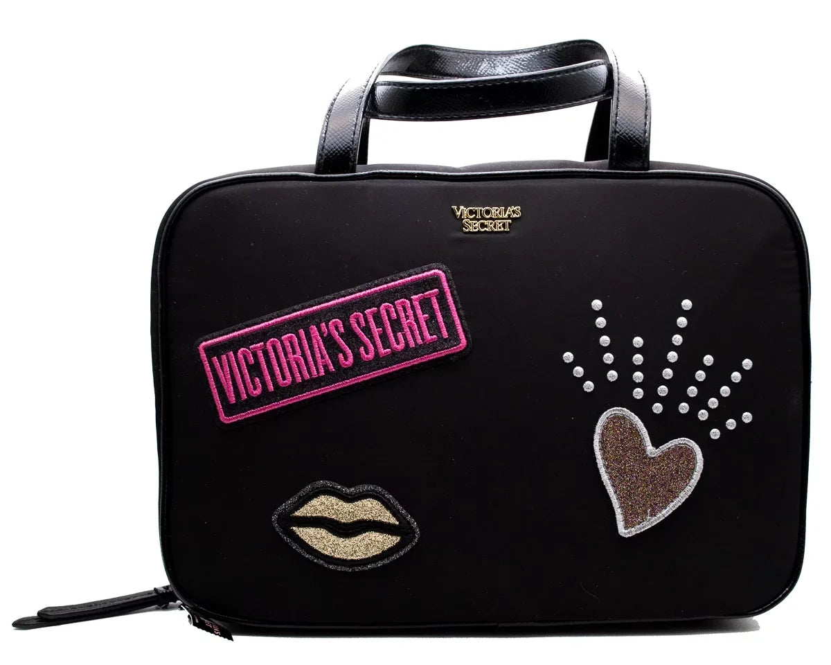 Victoria's Sizeecret  Patch Jetsetter Travel Makeup Case with Hook; 2 Interior Zip Compartments,  10 1/2" L x 3 1/2" W x 7 1/4" H