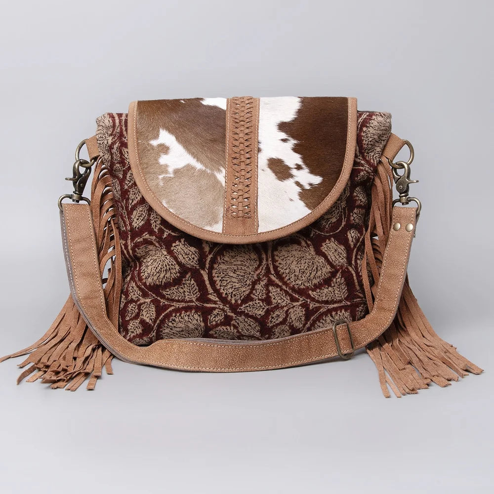 KB OHLAY KB483 Cross Body Upcycled Canvas Hair-On Genuine Leather women bag western handbag purse