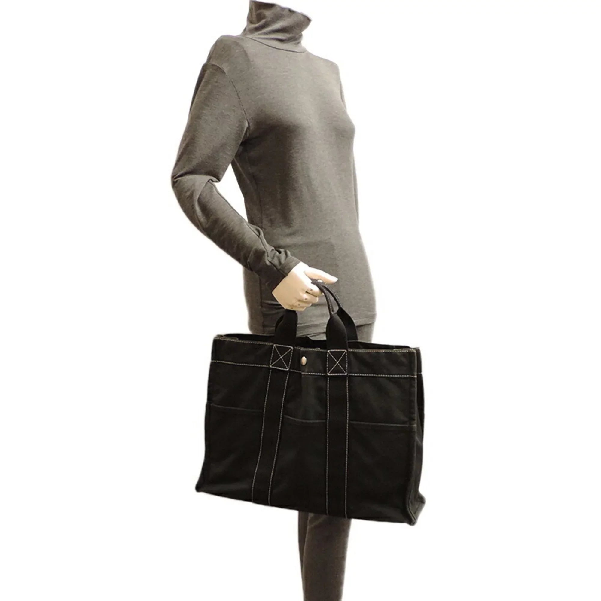 Pre-Owned Hermes Deauville MM Ladies Tote Bag Cotton Canvas Black (Fair)