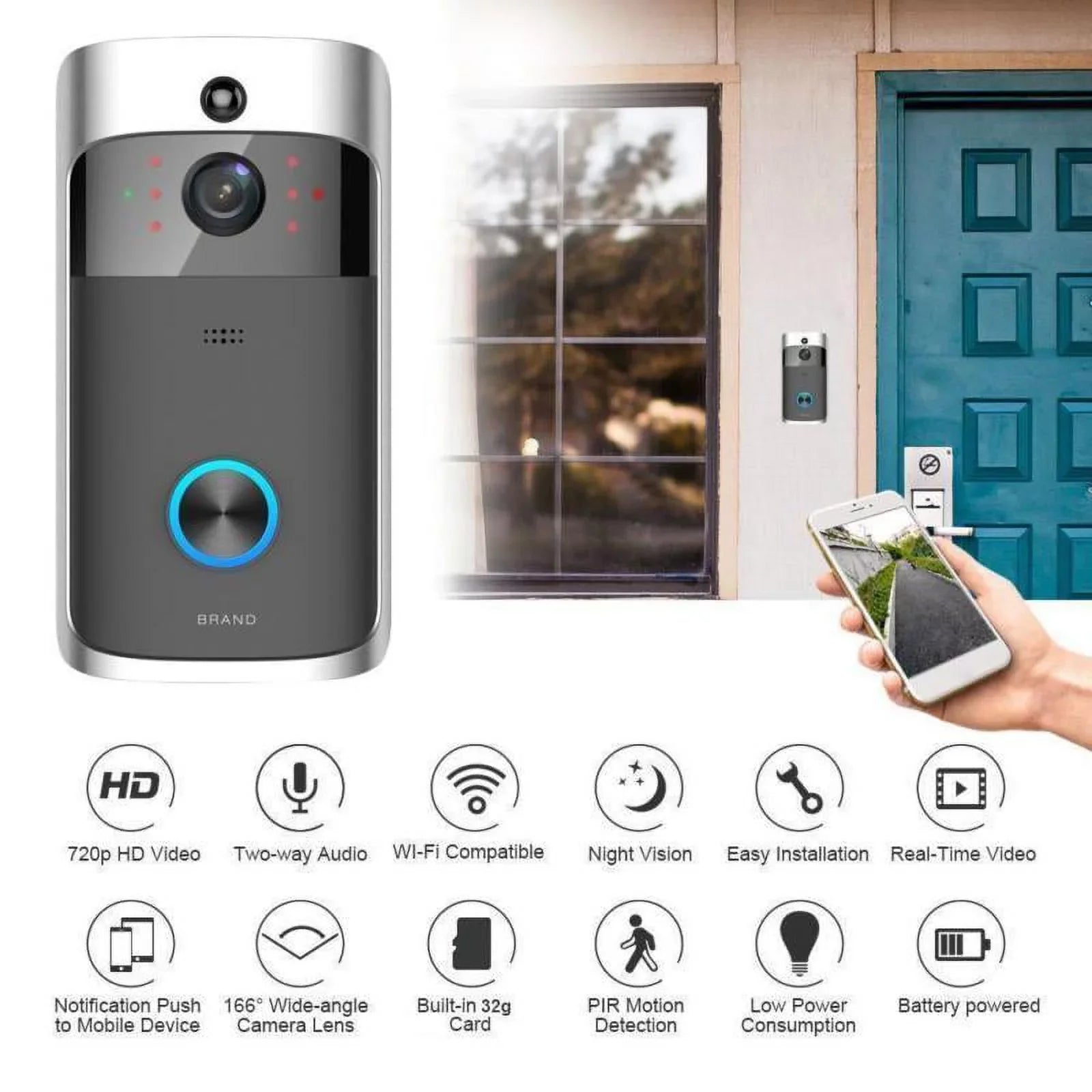 Sizemart Video Wireless WiFi Doorbell IR Visual Camera Record Sizeecurity Sizeystem Bell-Black