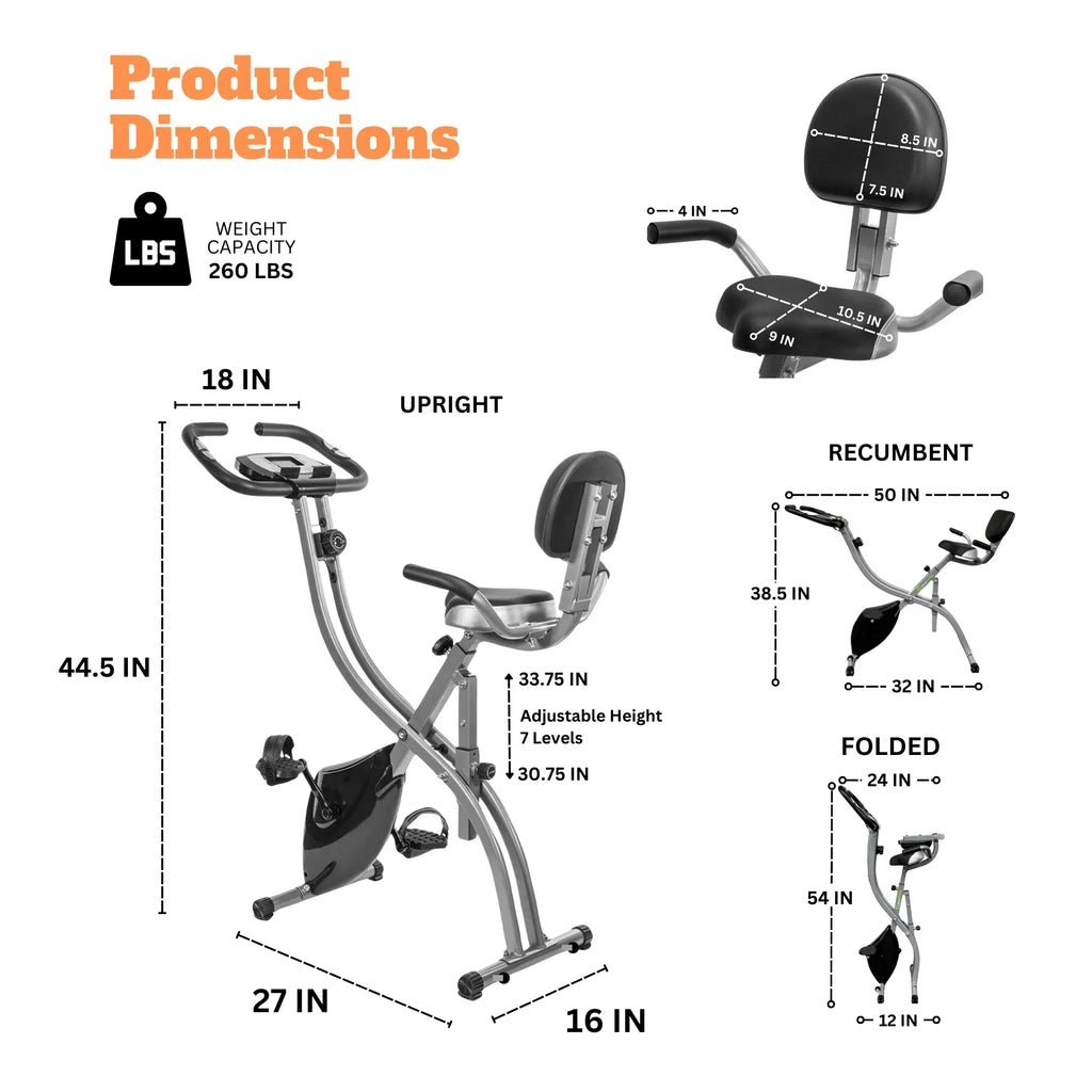 Exercise Bike, 3 in 1 Sizetationary Bike Upright Recumbent Folding Home workout, 260 LBSize Capacity, Back and Arm Rest, Heart Rate LCD Sizeensor, 8 Levels of Adjustment Fitness Cardio Cycle