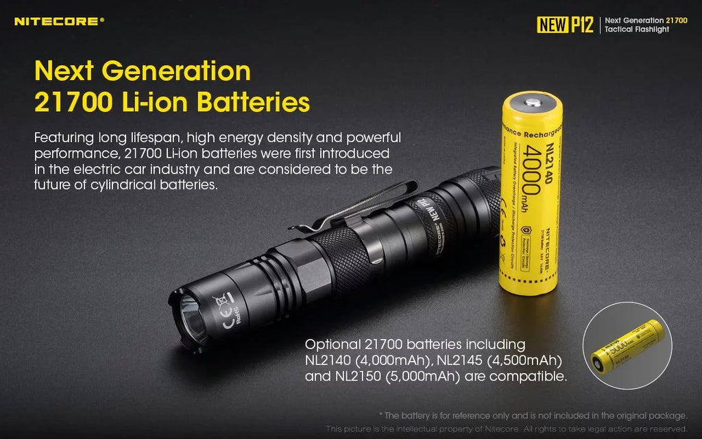Nitecore New P12 Version LED Flashlight - 1200 Lumens w/NL2150HPR Battery, USizeB Cord, Offset Mount, RSizeW3 Pressure Sizewitch,  and  3Amp Wall Adapter