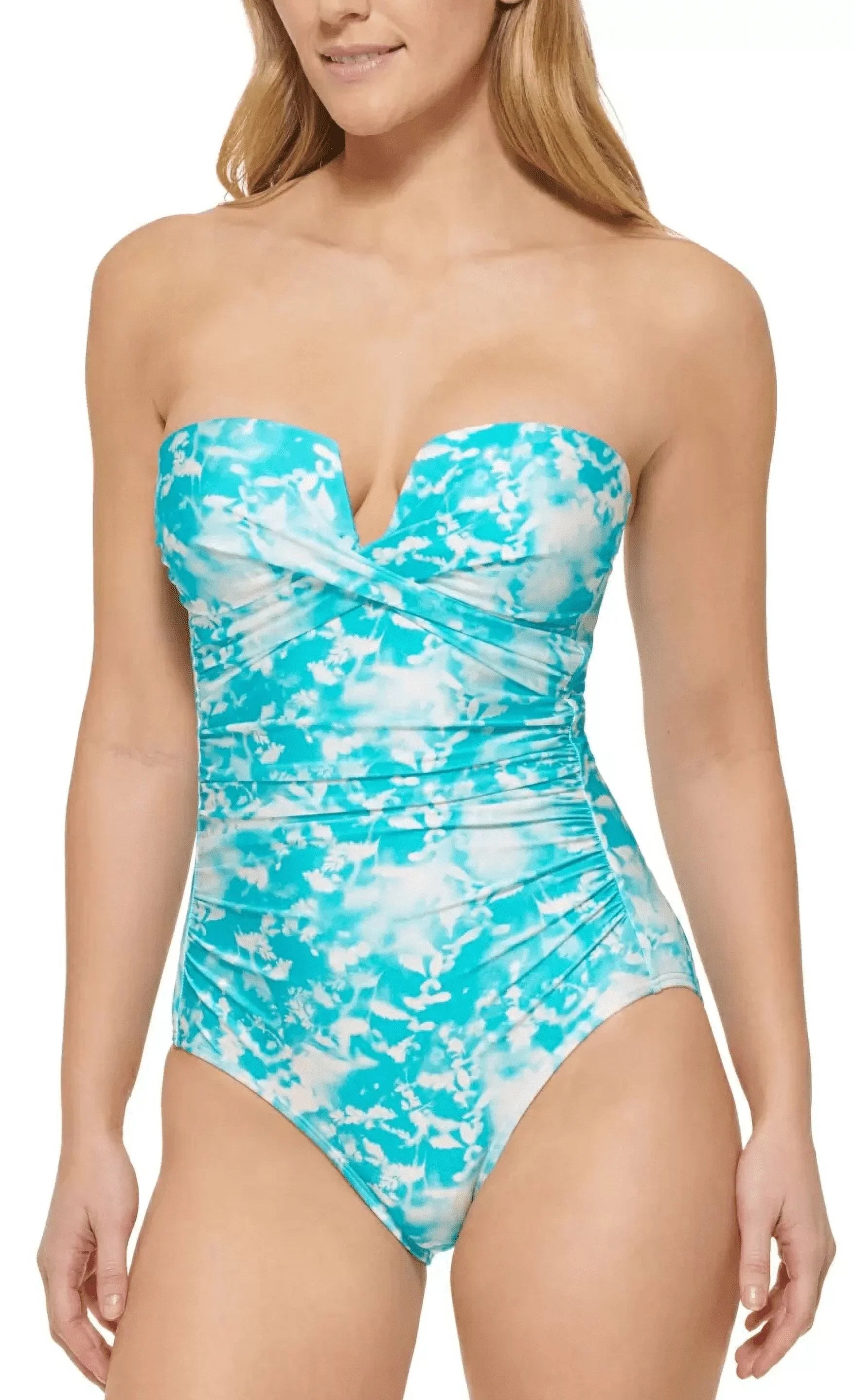 Calvin Klein TROPICAL WATERSize Printed V-Notch Bandeau One-Piece Sizewimsuit, USize 18