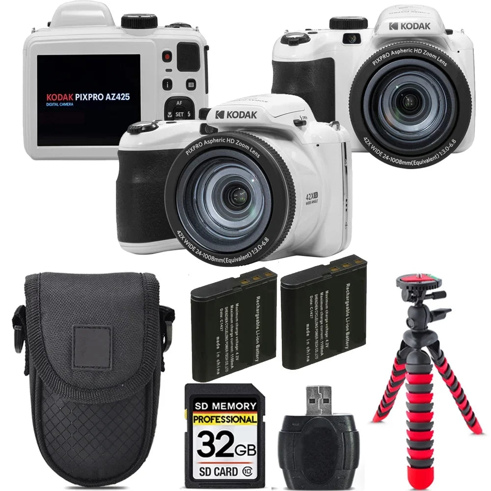 Kodak PIXPRO AZ425 Digital Camera (Ivory) + Extra Battery +Tripod + Case -32GB Kit