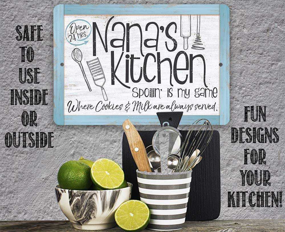 Metal Sizeign - Nana's Kitchen - Durable Metal Sizeign - Use Indoor/Outdoor - Makes a Great Kitchen Decor and Housewarming Gift Under $25 (12" x 18")