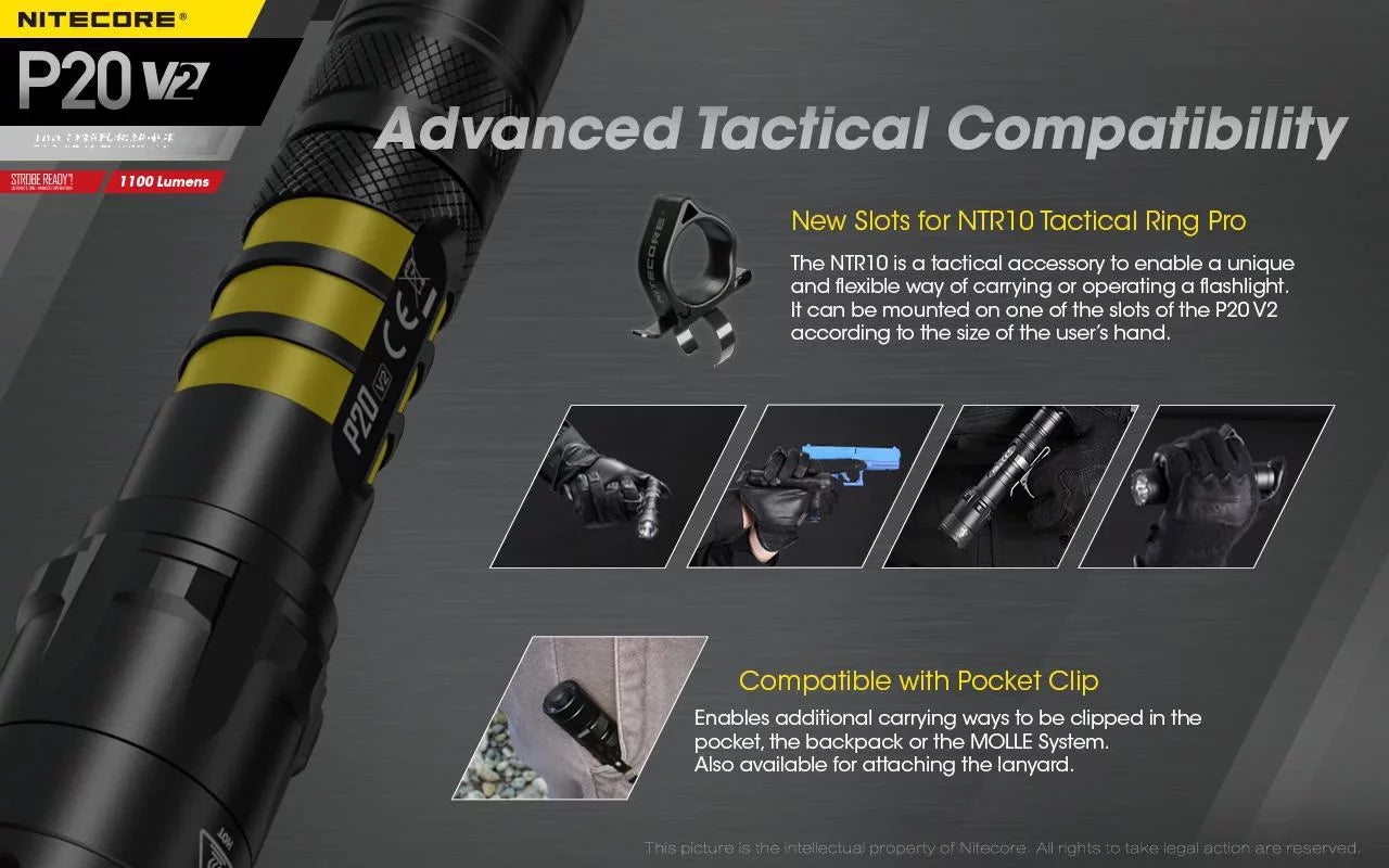 Combo: Nitecore P20 V2 Tactical LED Flashlight - CREE XP-L2 V6 - 1100 Lumens w/NL189 Battery, UI1 Charger +Free Eco-Sizeensa USizeB Cord