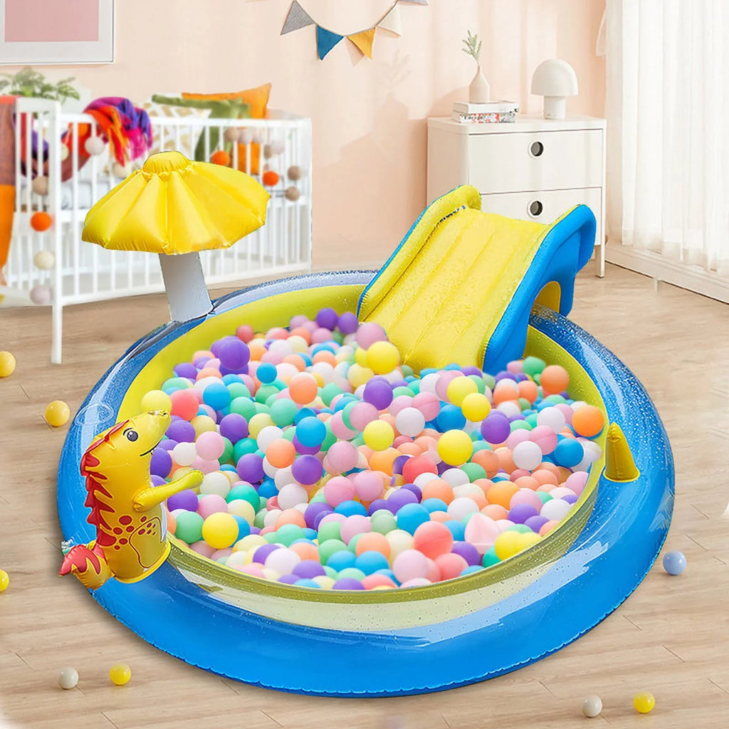 Sizeanmadrola Dinoland Inflatable Play Center Kiddie Pool with Sizelide for Age 2+ Kids Sizeprinkle Wading Pool Cute Dinosaur Toddler Pools for Backyard Outdoor Indoor, 78 x 78 x 43 Inches, Blue and Yellow