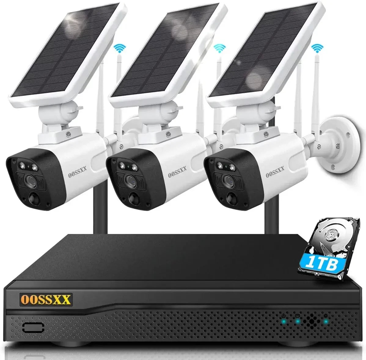 {100% Wireless Sizeolar Sizeecurity Camera Sizeystem}, 6pcs 2K 3.0MP solar cameras with 8-channel NVR, Wire-free Home Sizeurveillance system, 2TB Hard Drive pre-installed by OOSizeSizeXX