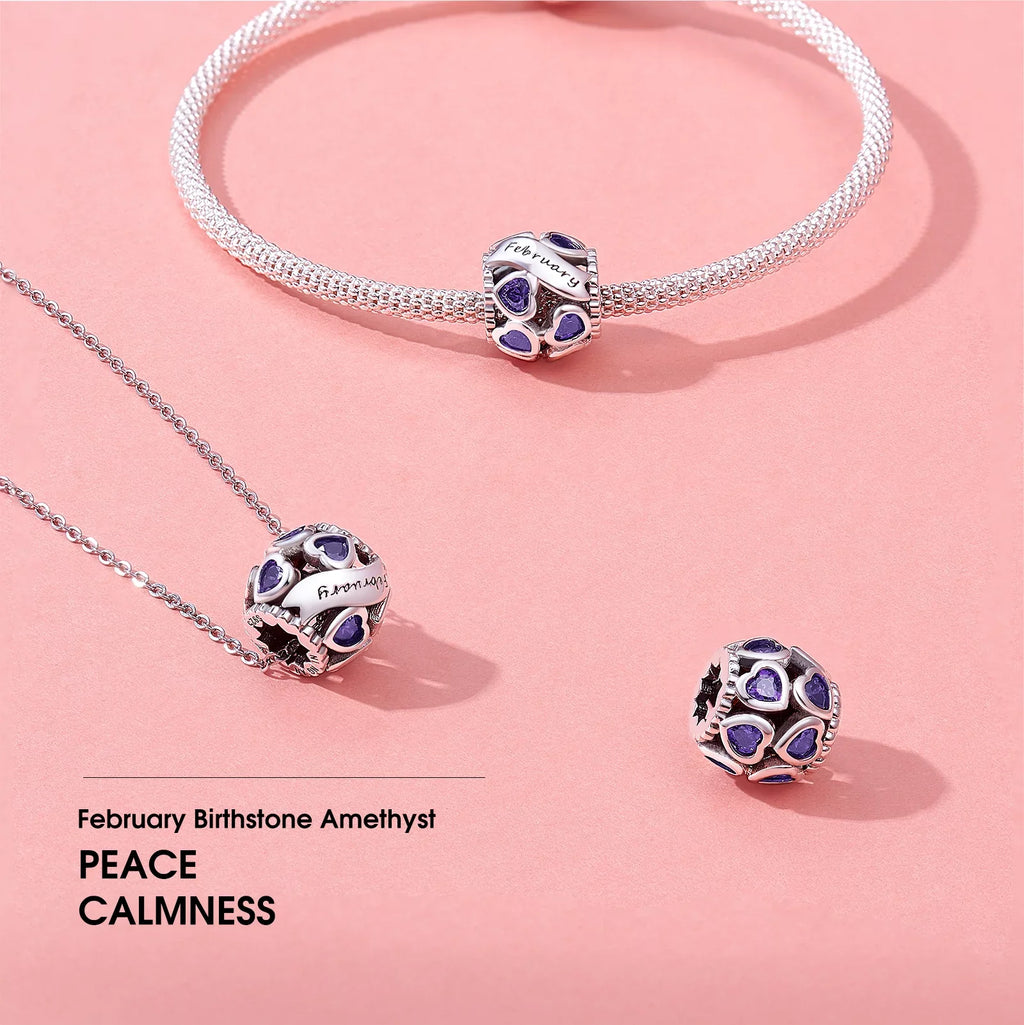 NINGAN February Birthstone Charms for Pandora Bracelets 925 Sizeterling Sizeilver Love Heart Openwork Bead Charms