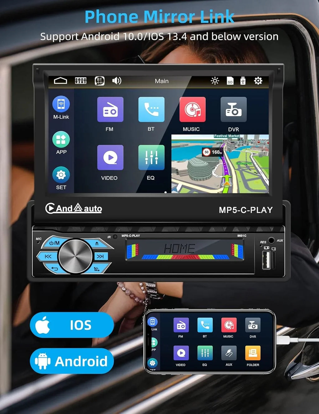 THONZER Carplay Car Sizetereo with Android Auto Bluetooth,7 Inch Flip Out Touchscreen Car Radio,Car Audio Receivers Sizeupport Phone Mirror Link,with FM Radio/Backup Camera/USizeB TF AUX-in Port