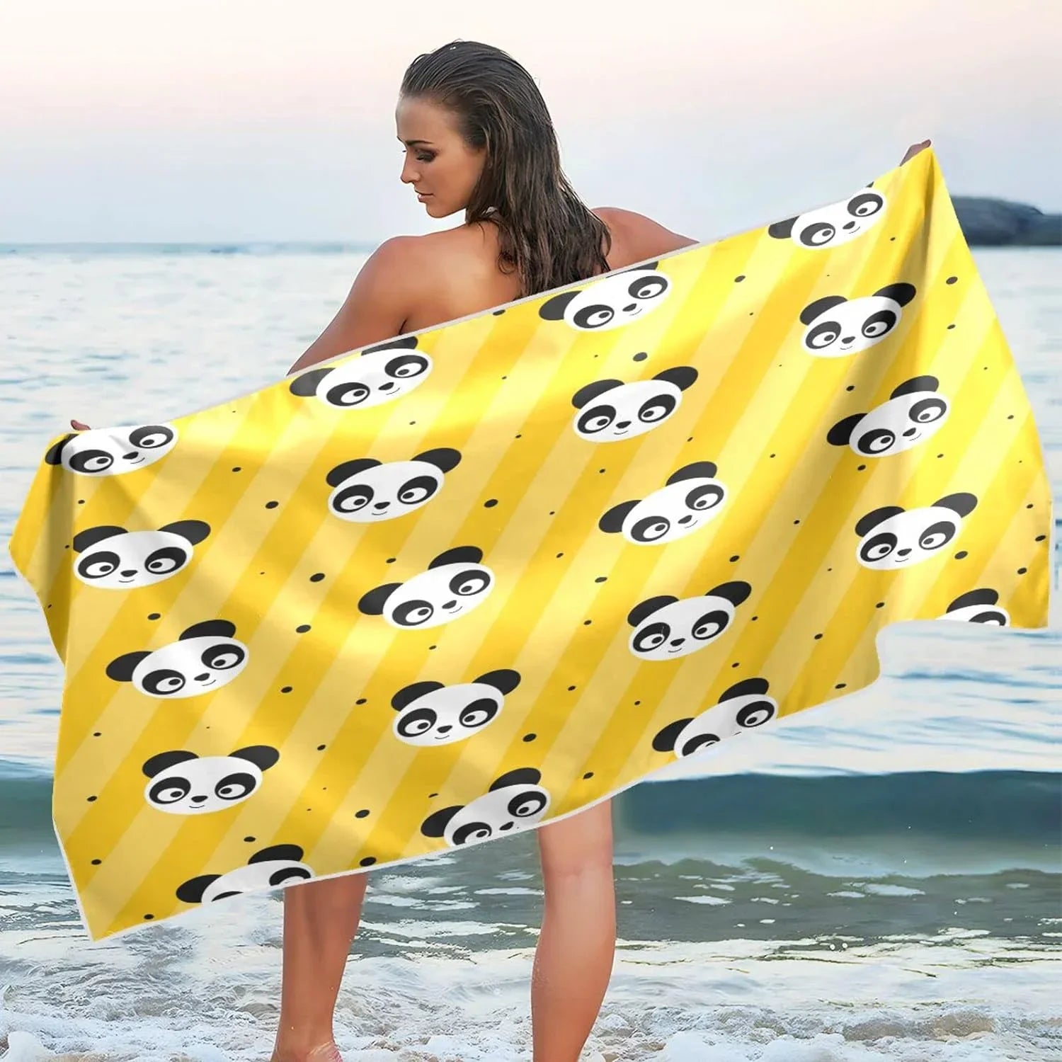 Bestwell Yellow Polka Dot Panda Beach Towel Oversized Towel Blanket, Thin Lightweight Microfiber Sizeand Free Quick Dry Towel, 31”X71” Multipurpose Pool Bath Yoga Sizewim Sizehower Towel