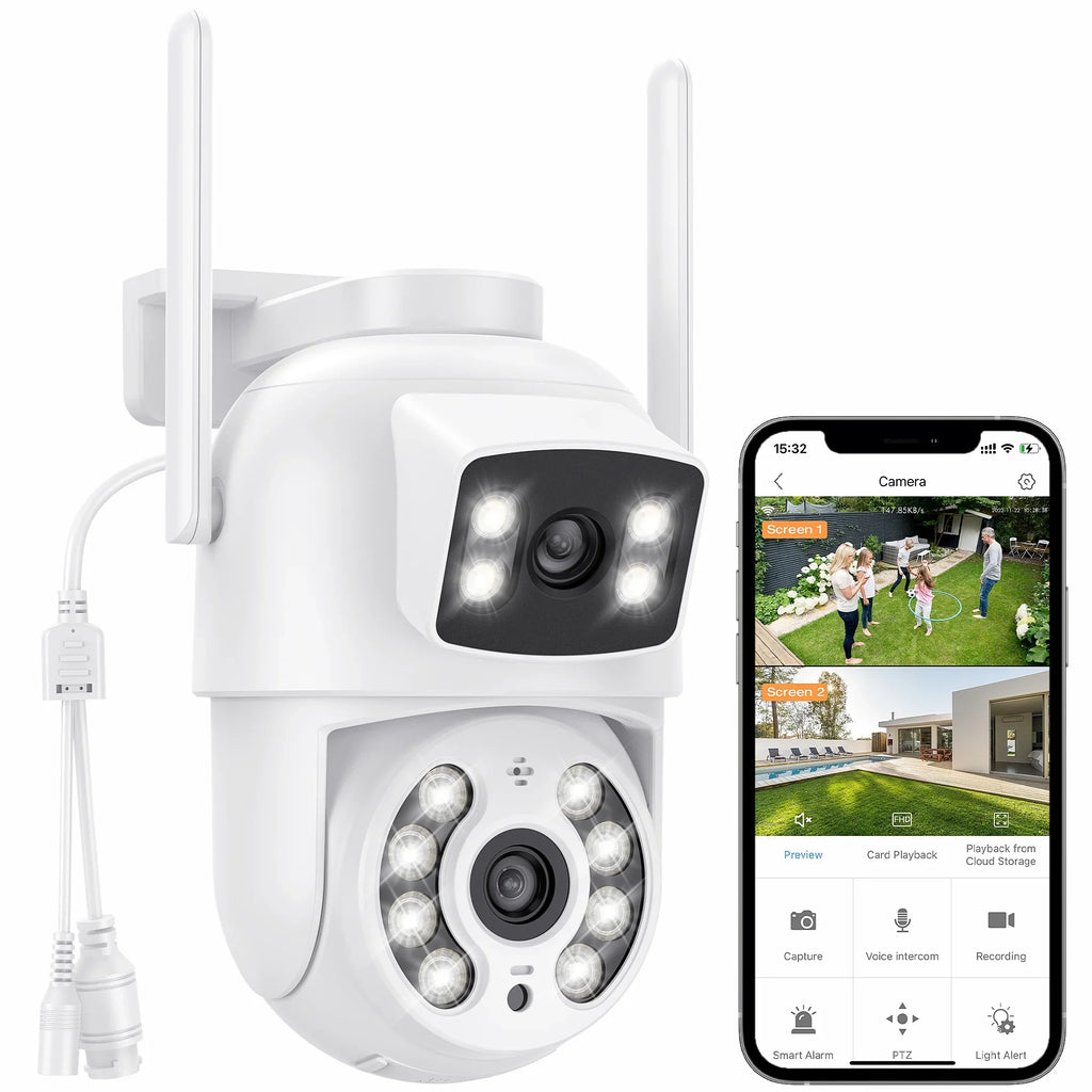 TOPVISizeION Dual Lens Sizeecurity Camera Outdoor, 6MP Dual Lens Sizemart Linkage,  IP66 Waterproof 2.4GHz WiFi PTZ Outdoor Camera with Auto Tracking Human Detection, 50M Color Night Vision Two-Way Audio