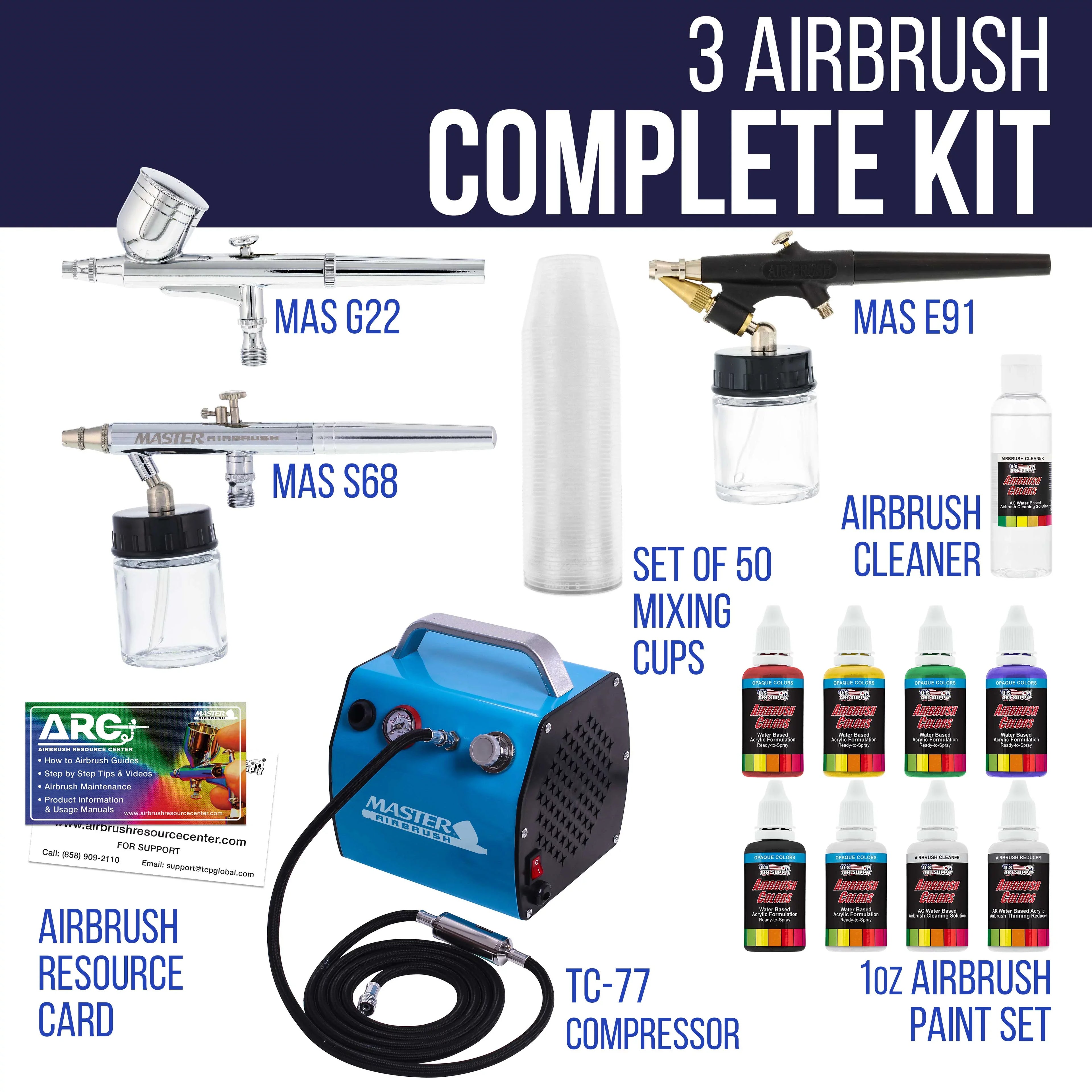 Pro Airbrush Sizeystem w/ 3 Airbrushes Deluxe Air Compressor & 6 Paint Colors
