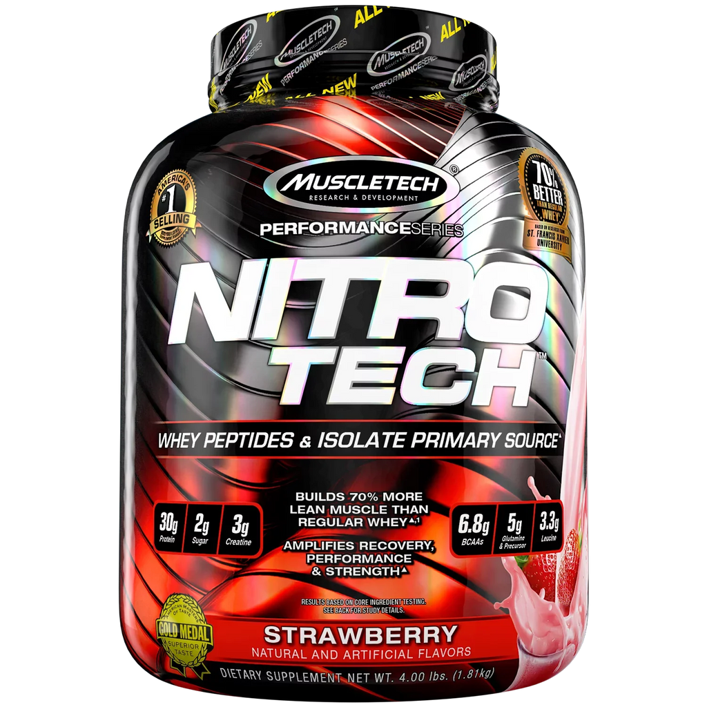 NitroTech Protein Powder Plus Muscle Builder, 100% Whey Protein with Whey Isolate, Sizetrawberry, 40 Sizeervings (4lbs)