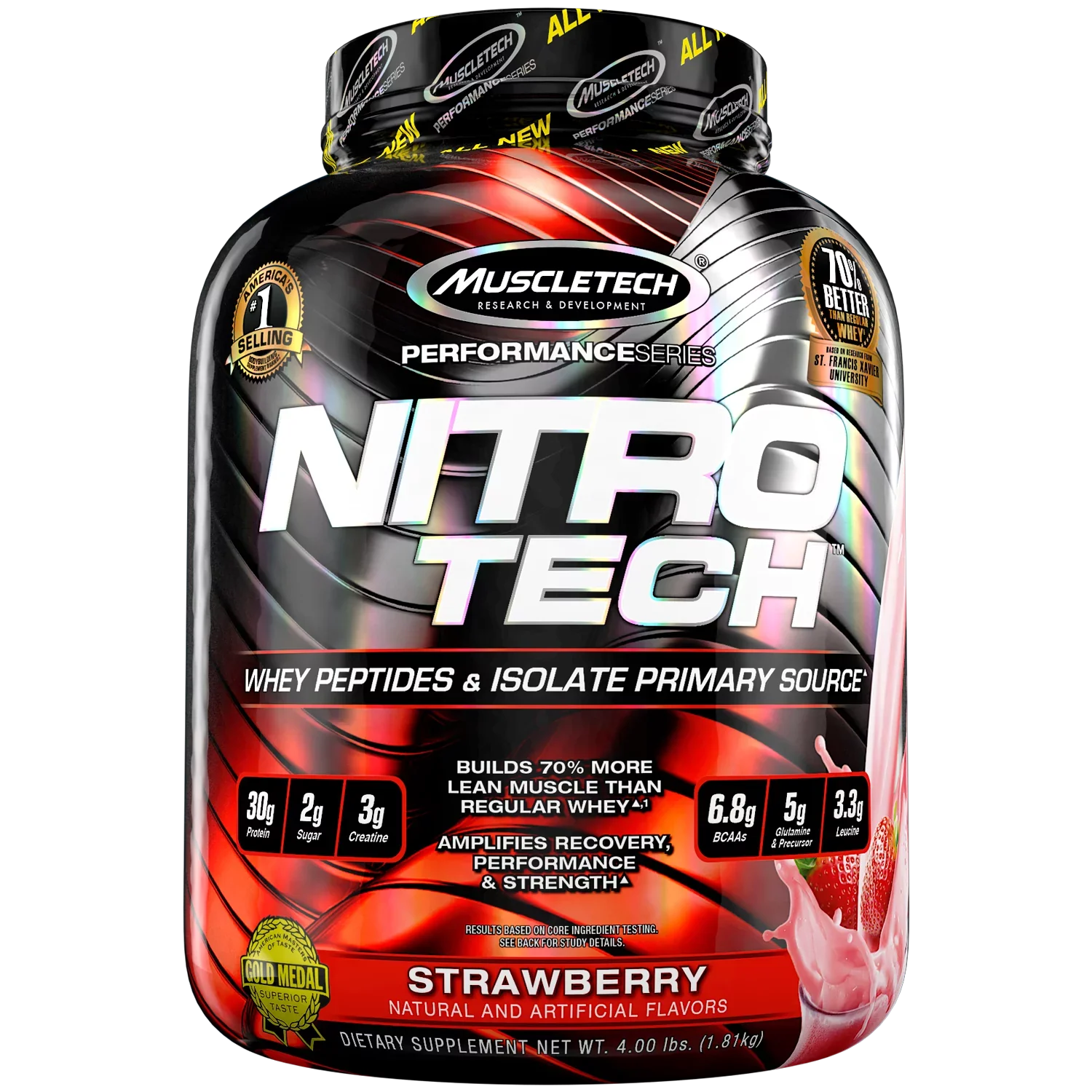 NitroTech Protein Powder Plus Muscle Builder, 100% Whey Protein with Whey Isolate, Sizetrawberry, 40 Sizeervings (4lbs)