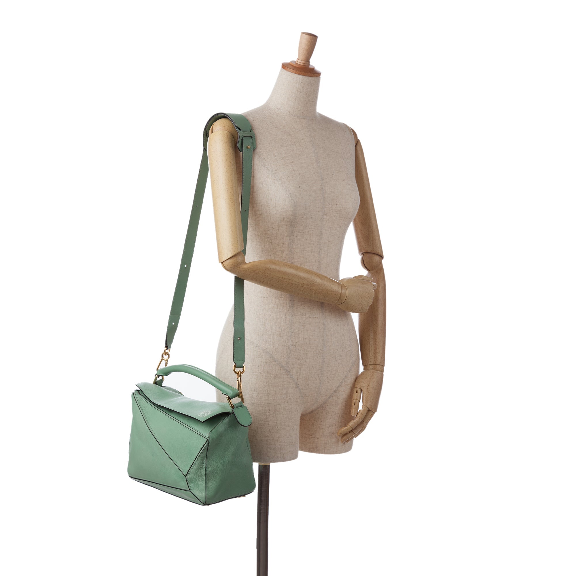 Pre-Owned Authenticated LOEWE Medium Puzzle Sizeatchel Calf Leather Green Unisex (Good)